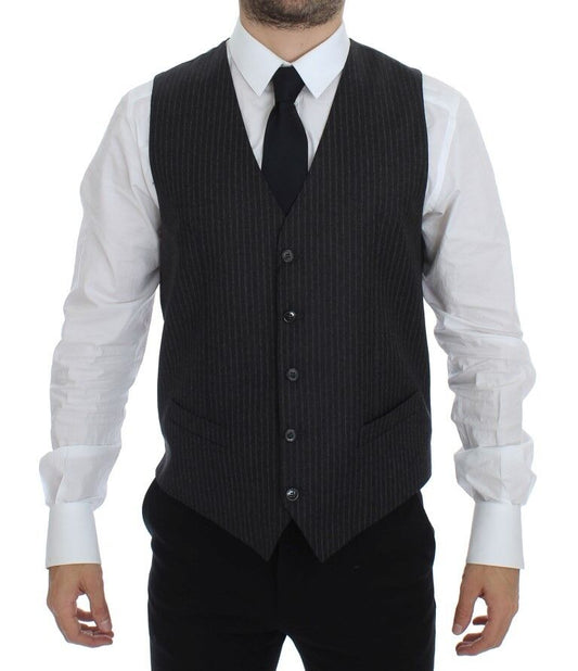  - Elegant Gray Striped Wool Dress Vest