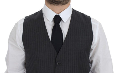  - Elegant Gray Striped Wool Dress Vest