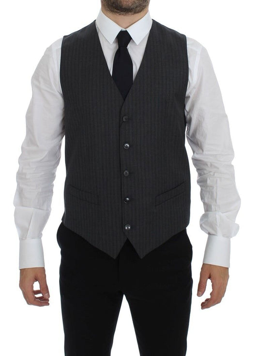  - Elegant Gray Striped Wool Dress Vest