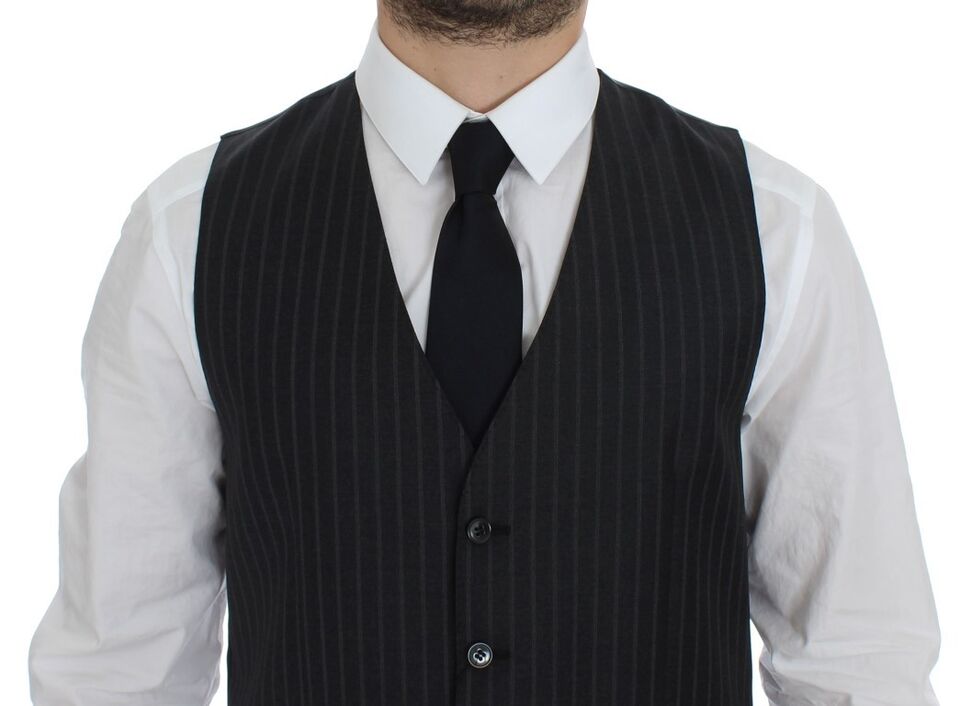  - Elegant Gray Striped Wool Dress Vest