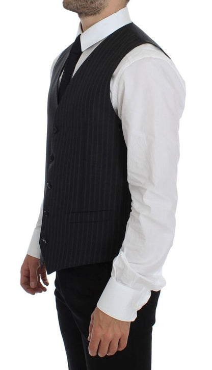  - Elegant Gray Striped Wool Dress Vest