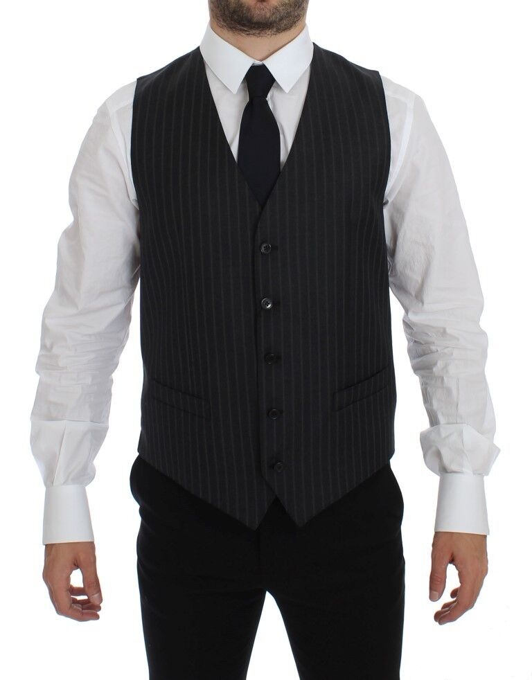  - Elegant Gray Striped Wool Dress Vest