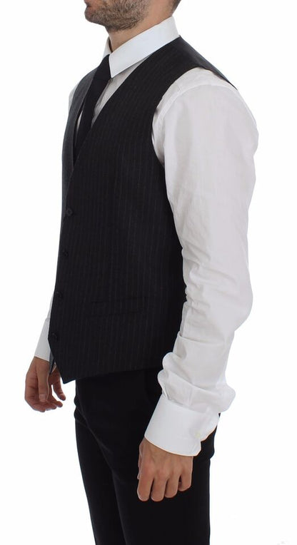  - Elegant Gray Striped Wool Dress Vest