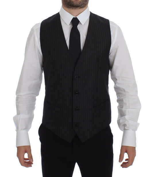  - Elegant Gray Striped Wool Dress Vest