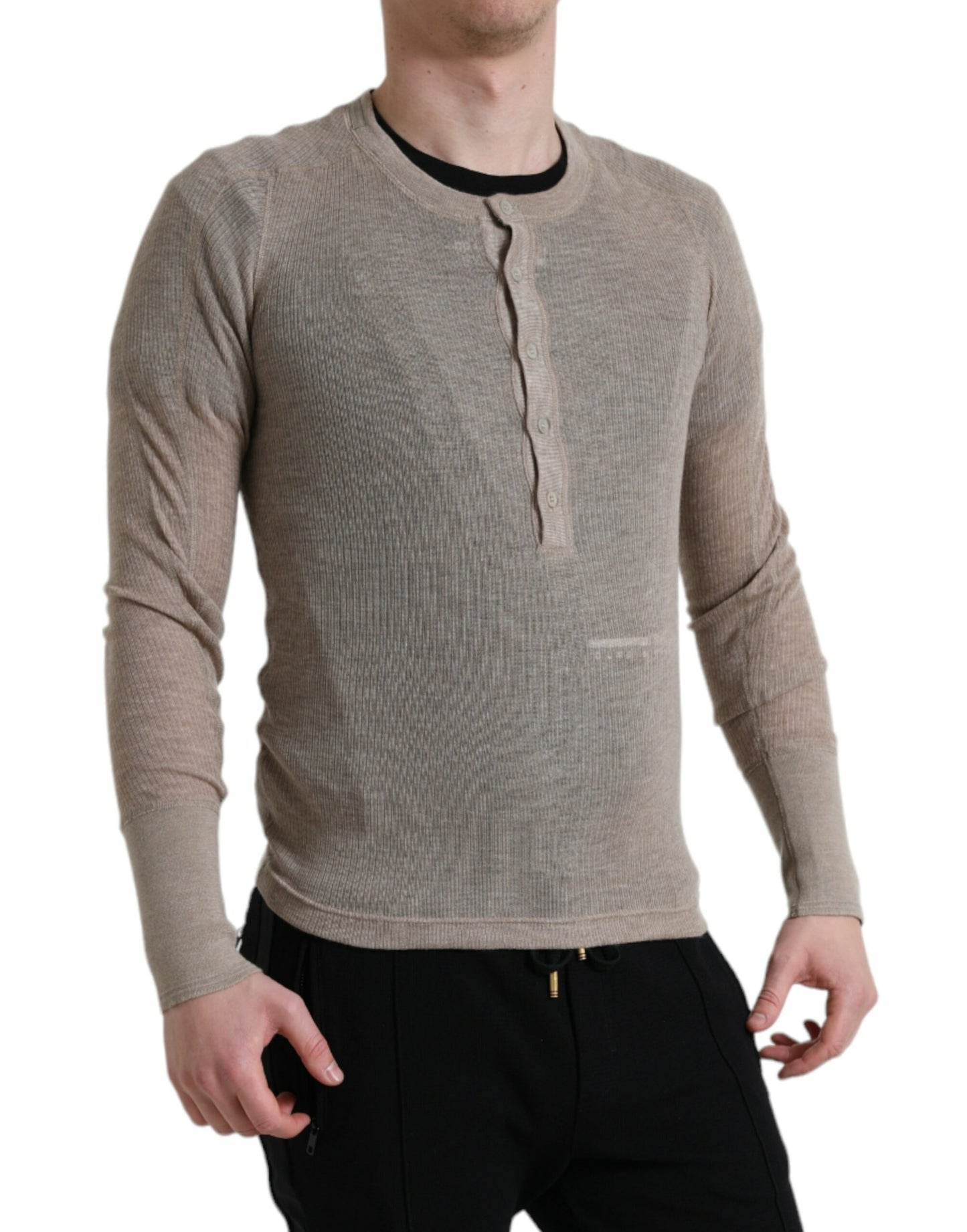  - Elegant Beige Henley Cashmere Sweater