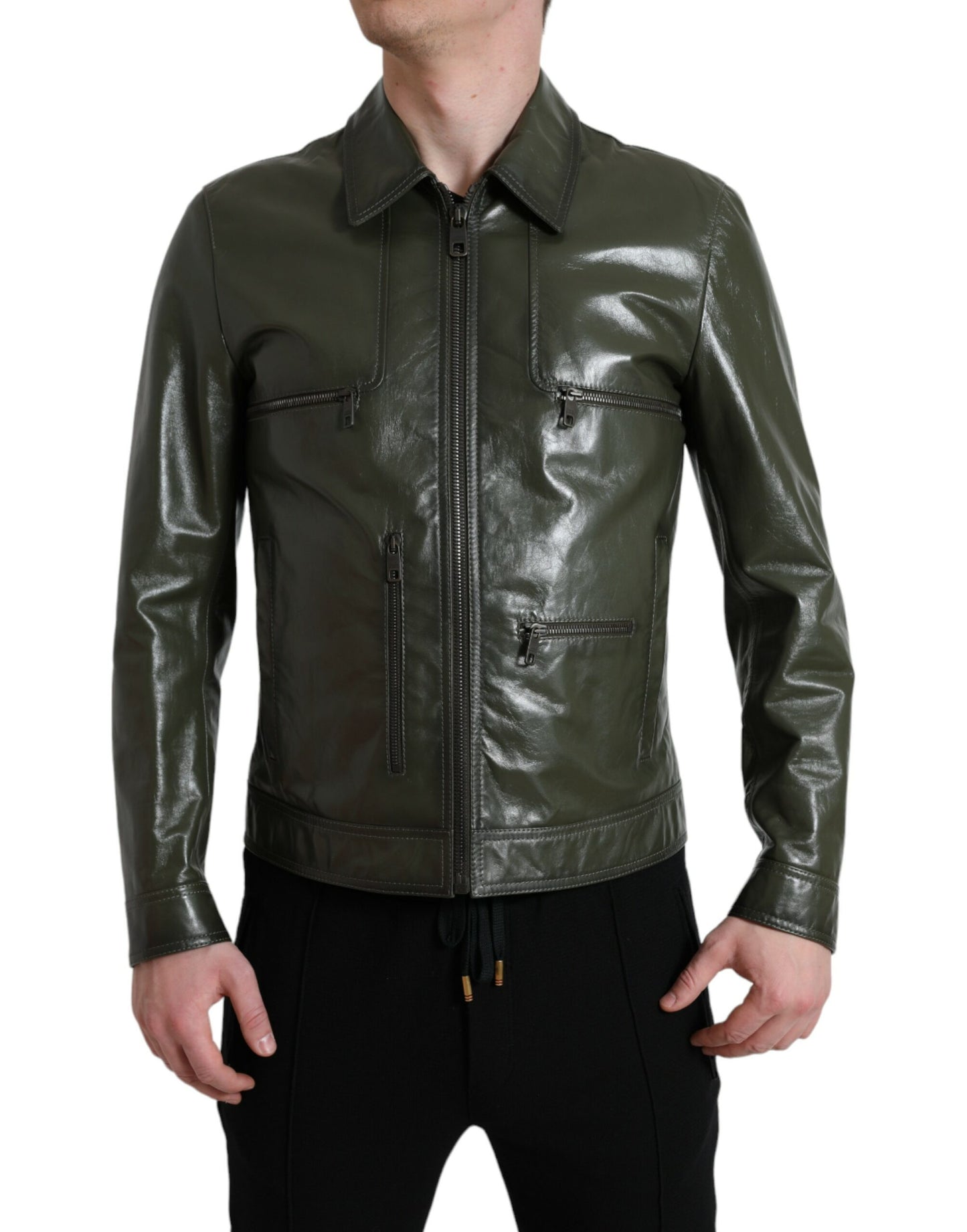  - Emerald Elegance Leather Biker Jacket