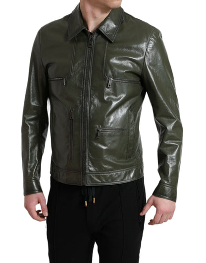  - Emerald Elegance Leather Biker Jacket