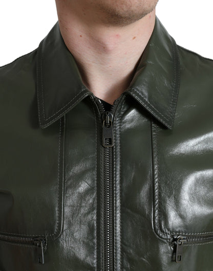  - Emerald Elegance Leather Biker Jacket