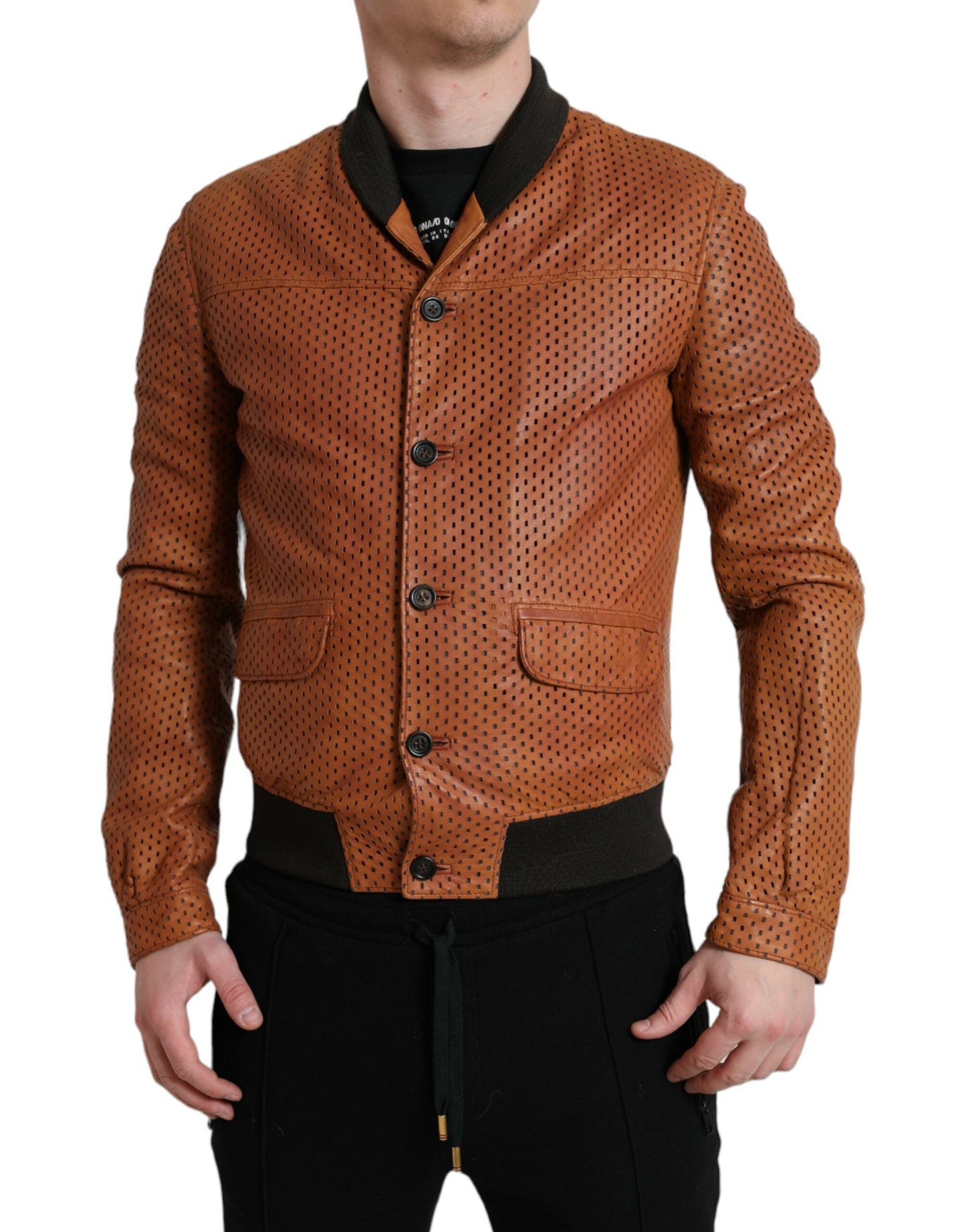  - Elegant Leather Perforated Bomber Jacket