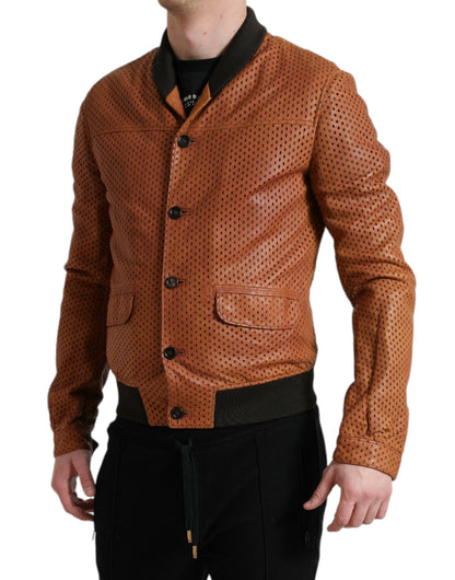  - Elegant Leather Perforated Bomber Jacket