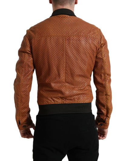  - Elegant Leather Perforated Bomber Jacket