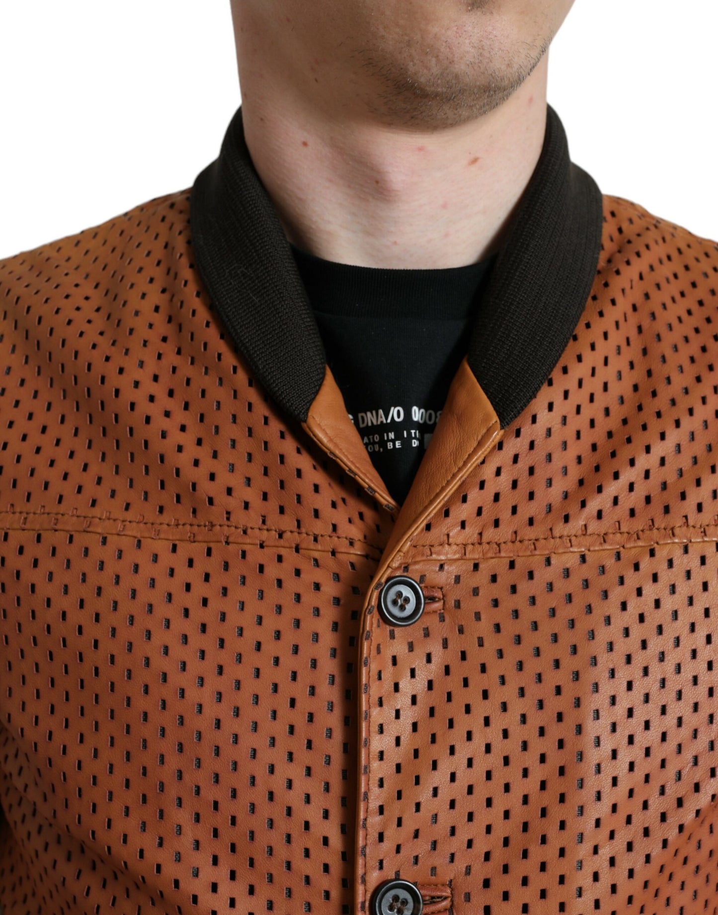  - Elegant Leather Perforated Bomber Jacket