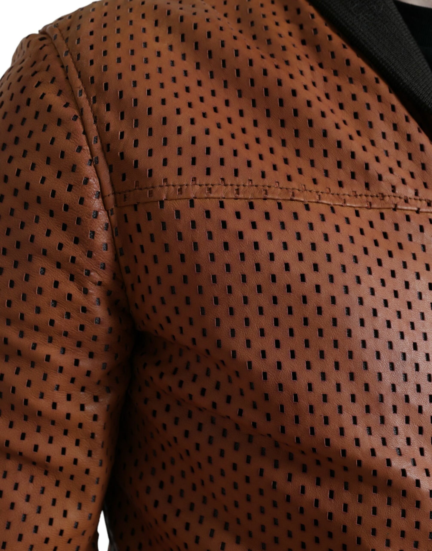  - Elegant Leather Perforated Bomber Jacket