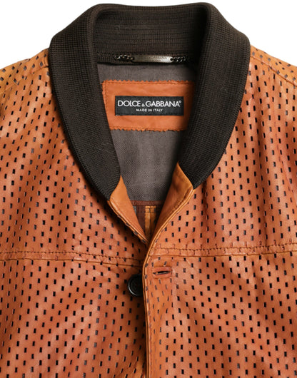  - Elegant Leather Perforated Bomber Jacket