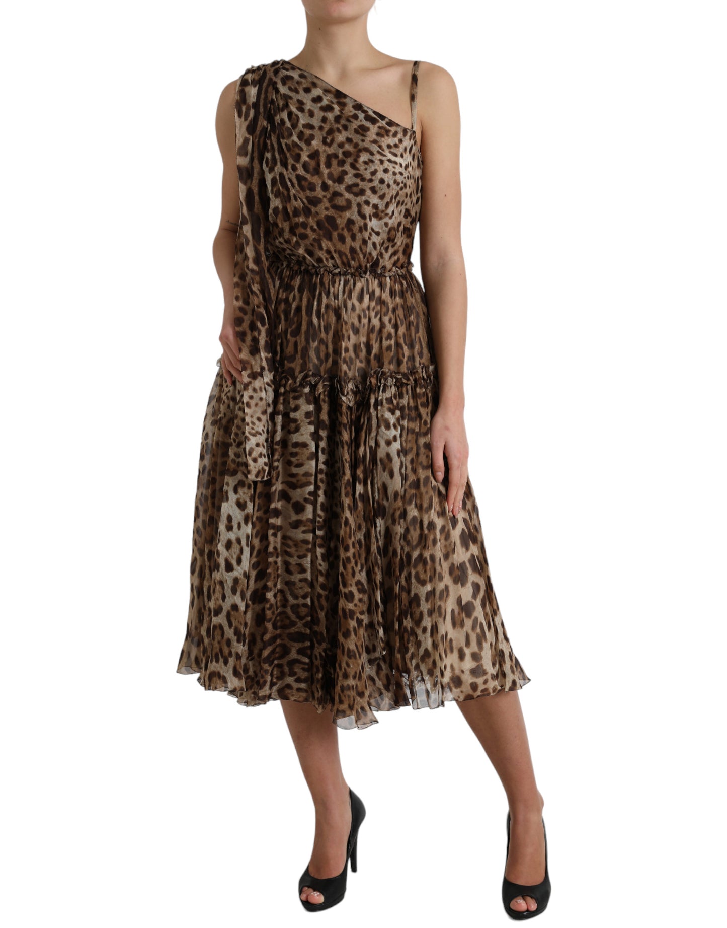  - Elegant One-Shoulder Leopard Midi Dress