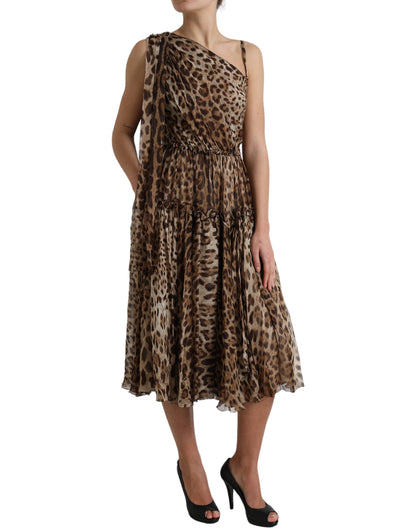  - Elegant One-Shoulder Leopard Midi Dress