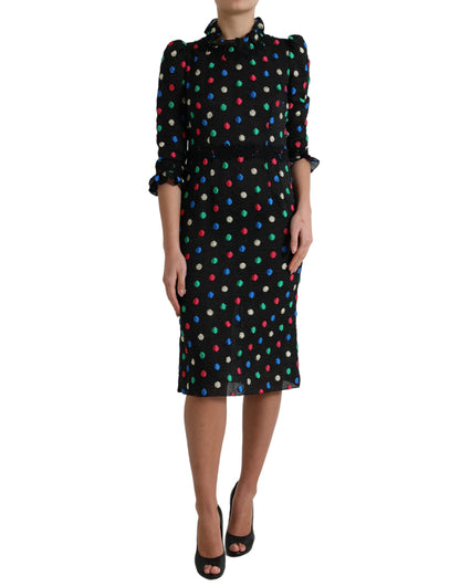  - Elegant High Neck Polka Dot Midi Dress