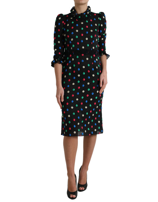  - Elegant High Neck Polka Dot Midi Dress