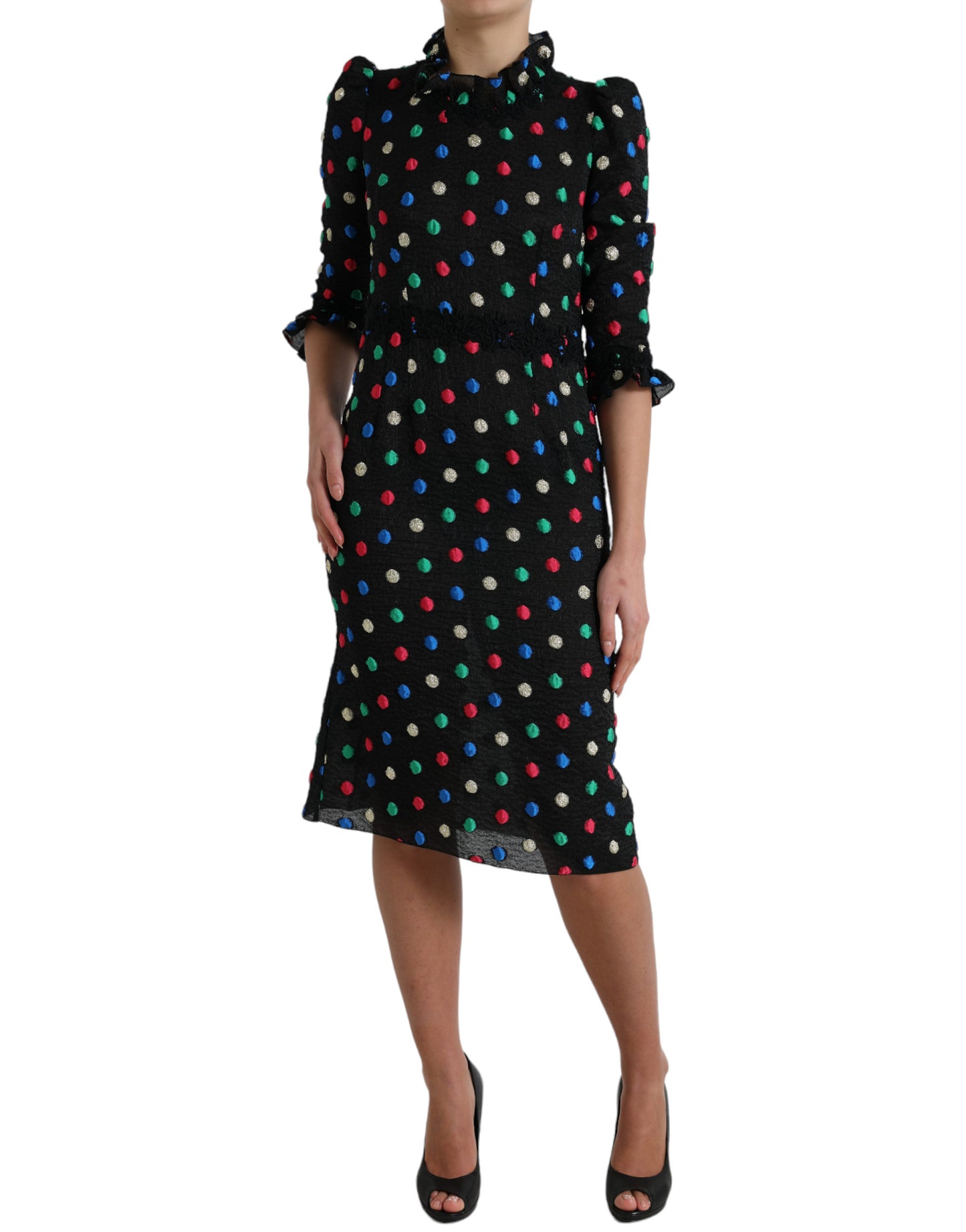  - Elegant High Neck Polka Dot Midi Dress