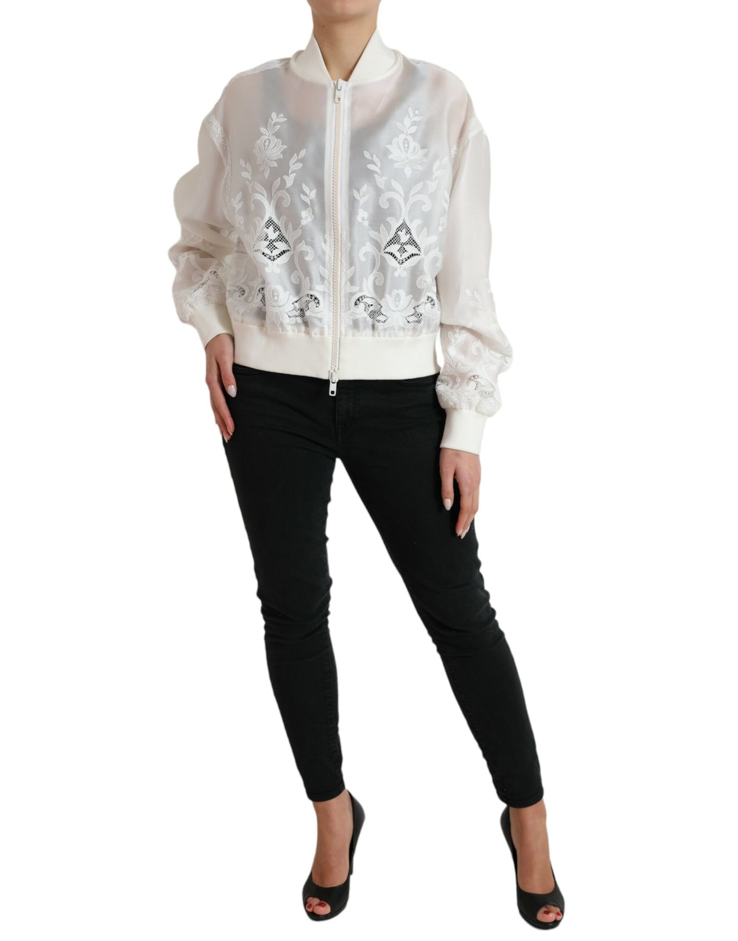  - Elegant White Silk Bomber Jacket