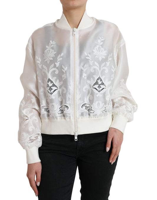  - Elegant White Silk Bomber Jacket