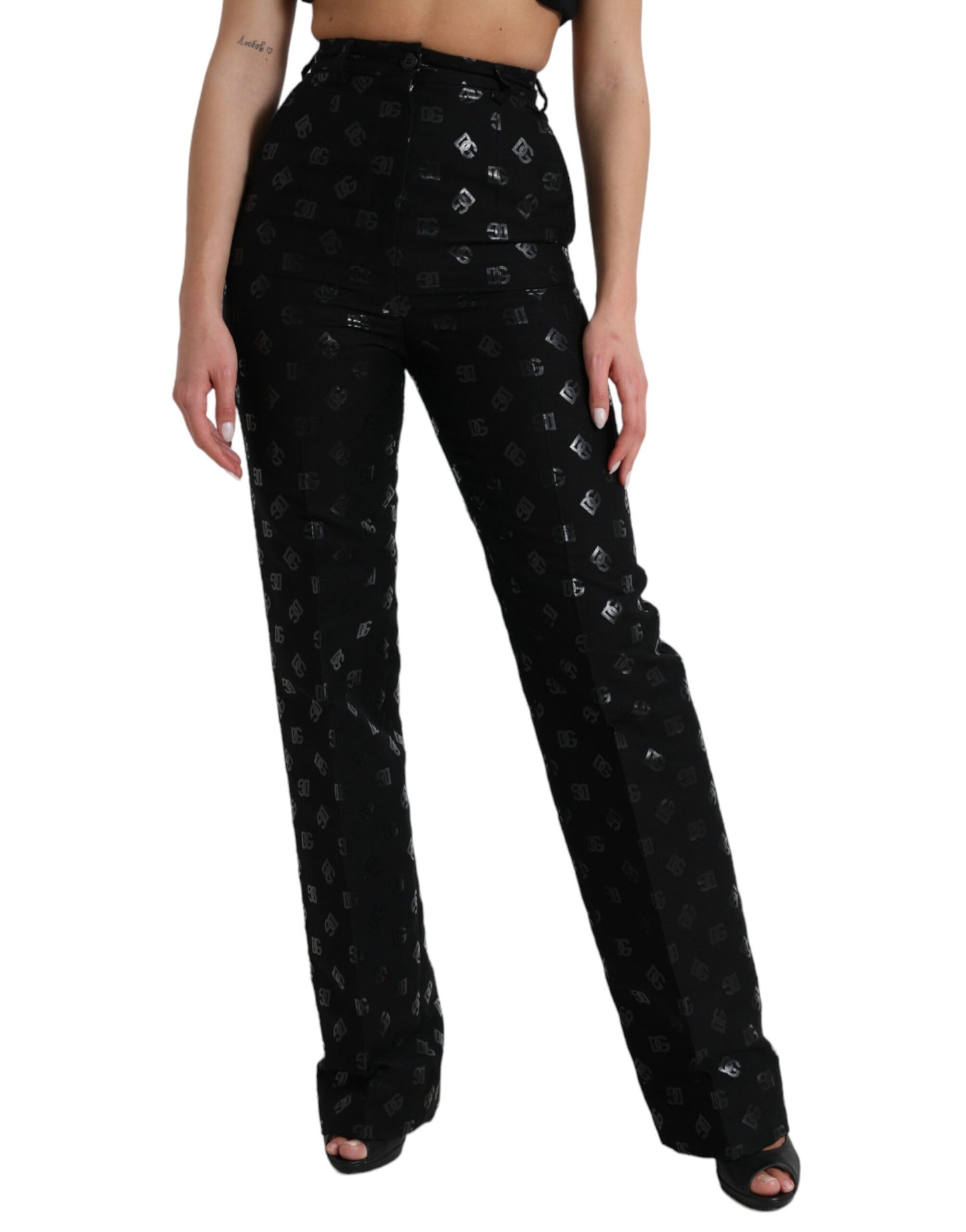  - Chic High Waist Straight Pants with Logo Print