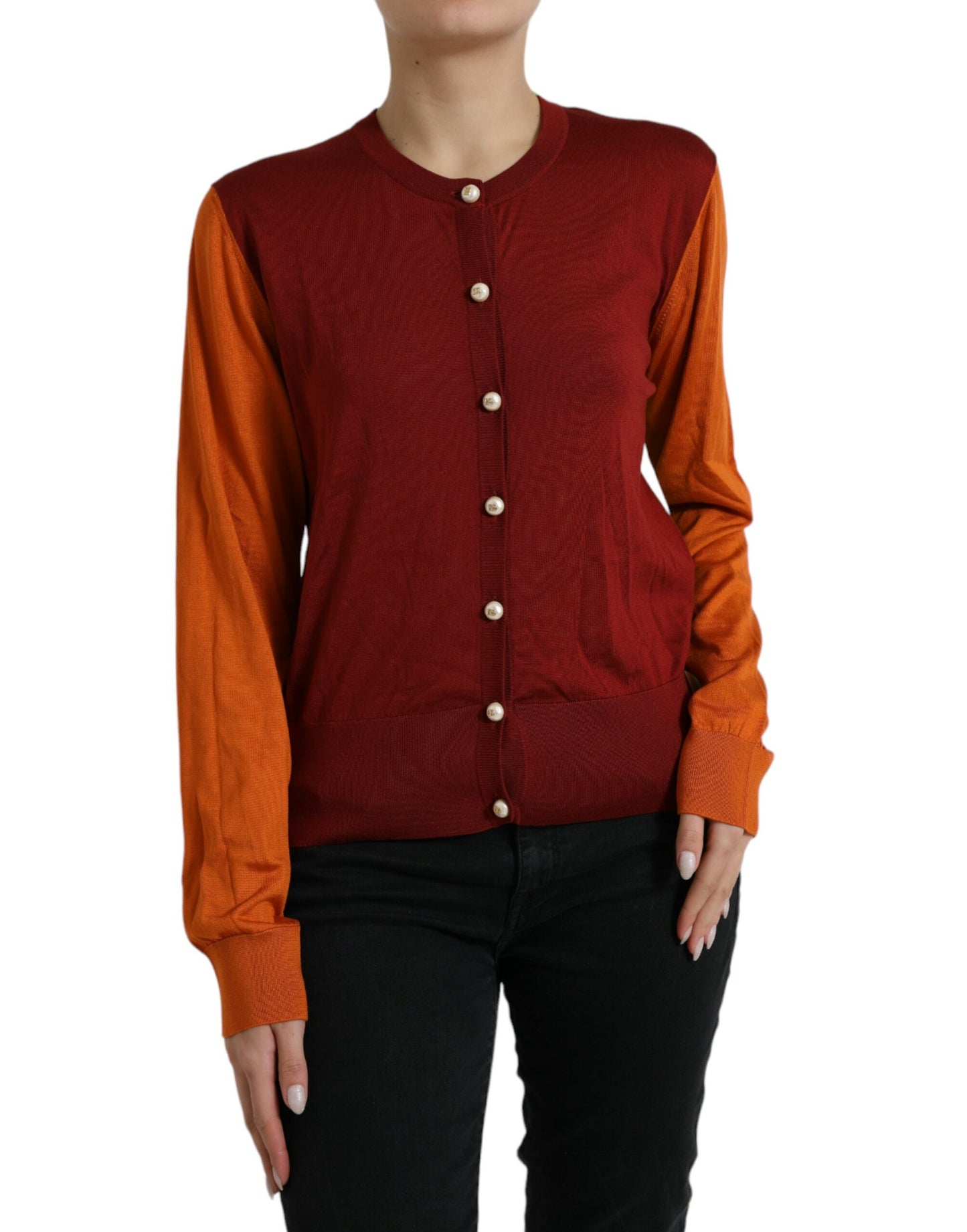  - Silk Button Front Cardigan in Maroon Mix