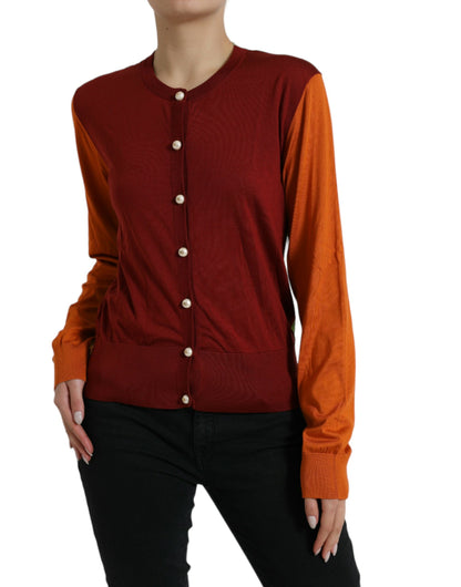  - Silk Button Front Cardigan in Maroon Mix