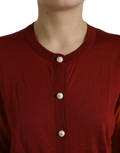  - Silk Button Front Cardigan in Maroon Mix