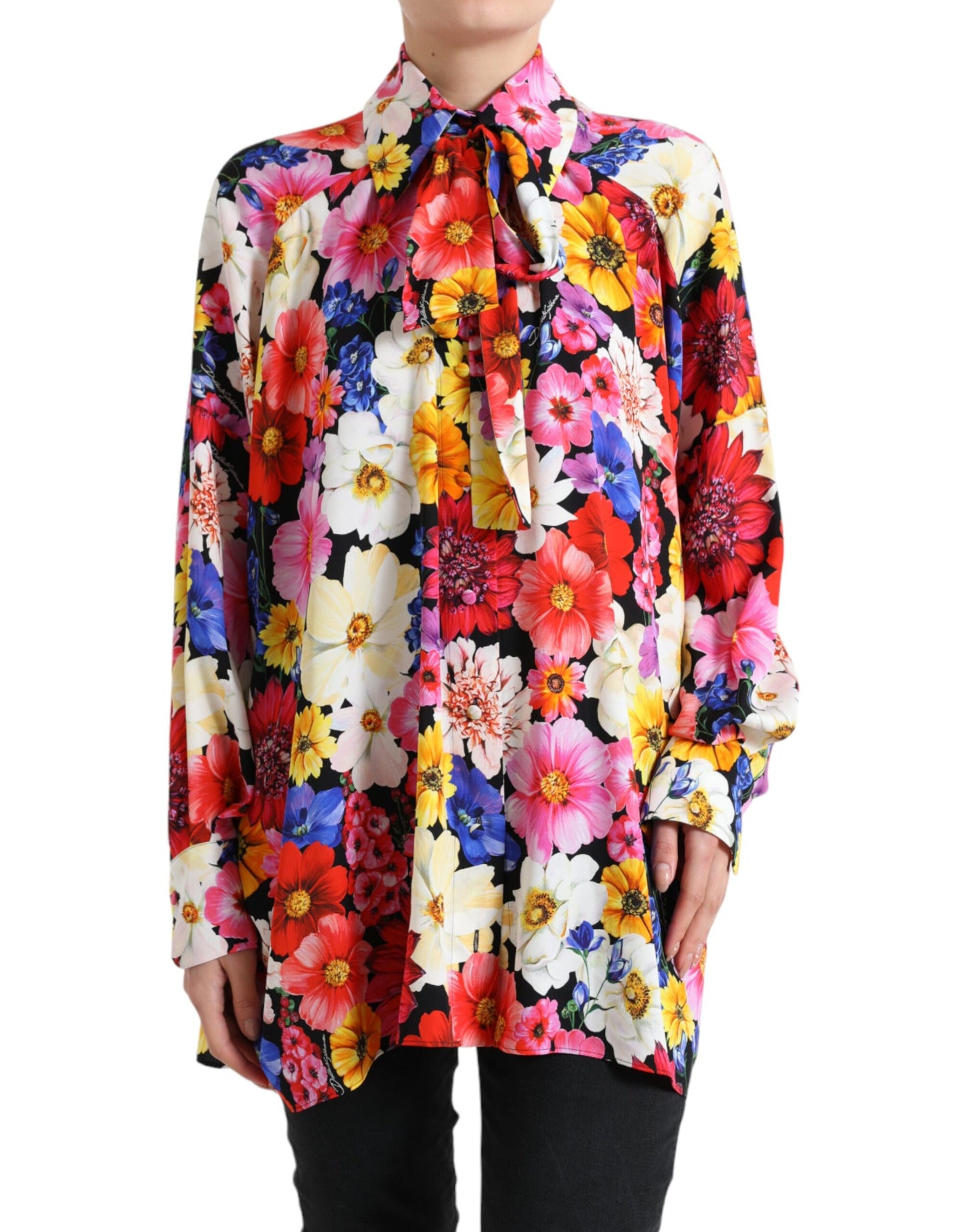  - Floral Silk Blouse with Front Tie Fastening