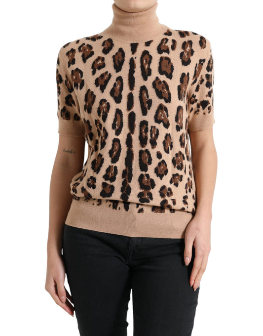  - Elegant Beige Leopard Turtleneck Wool Top