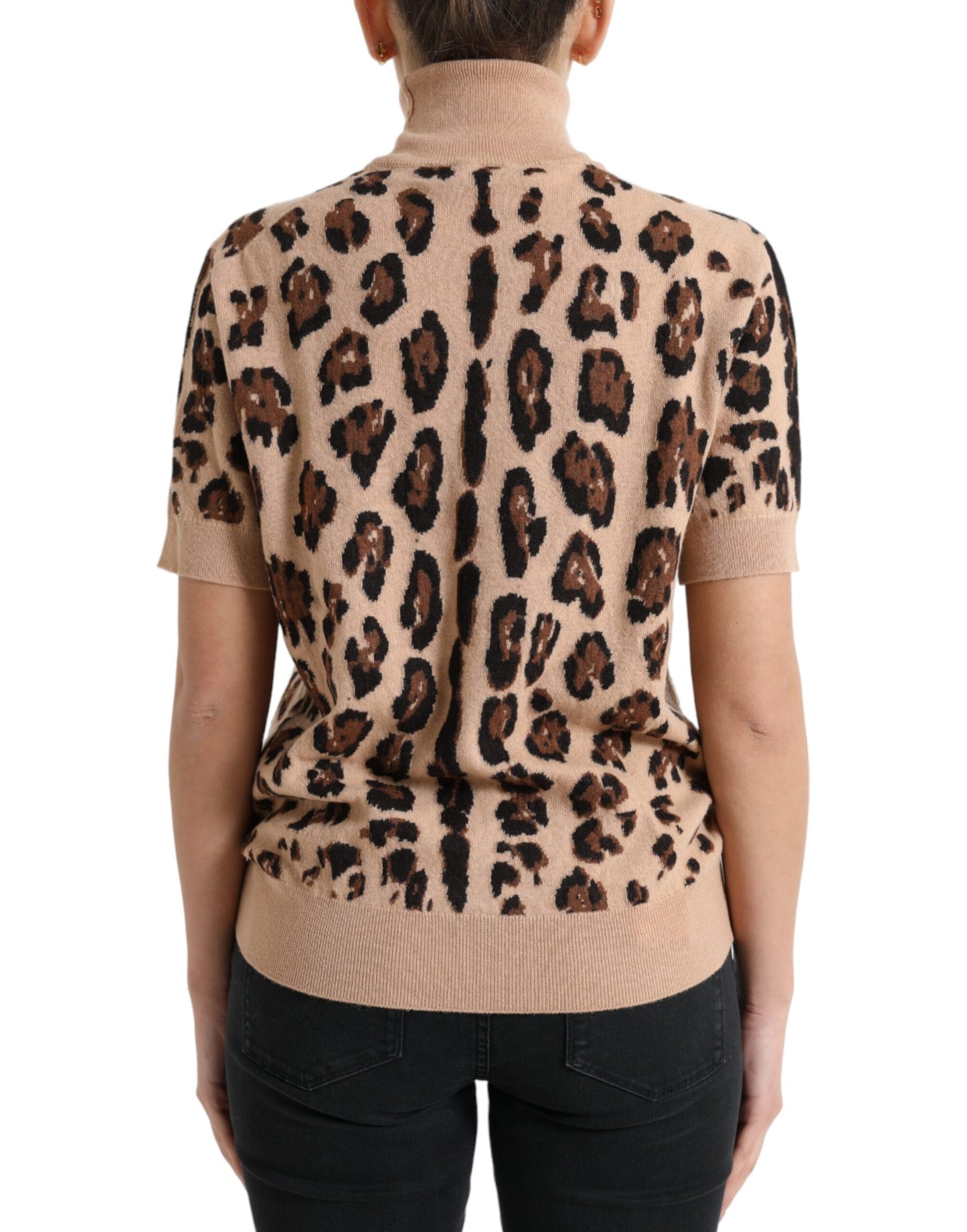  - Elegant Beige Leopard Turtleneck Wool Top