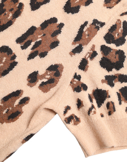  - Elegant Beige Leopard Turtleneck Wool Top