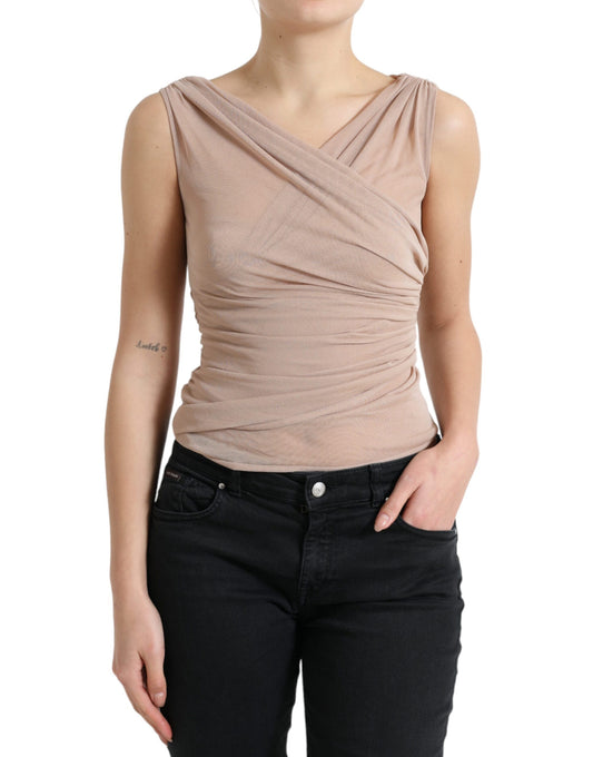  - Elegant Beige V-Neck Sleeveless Sheer Tank Top