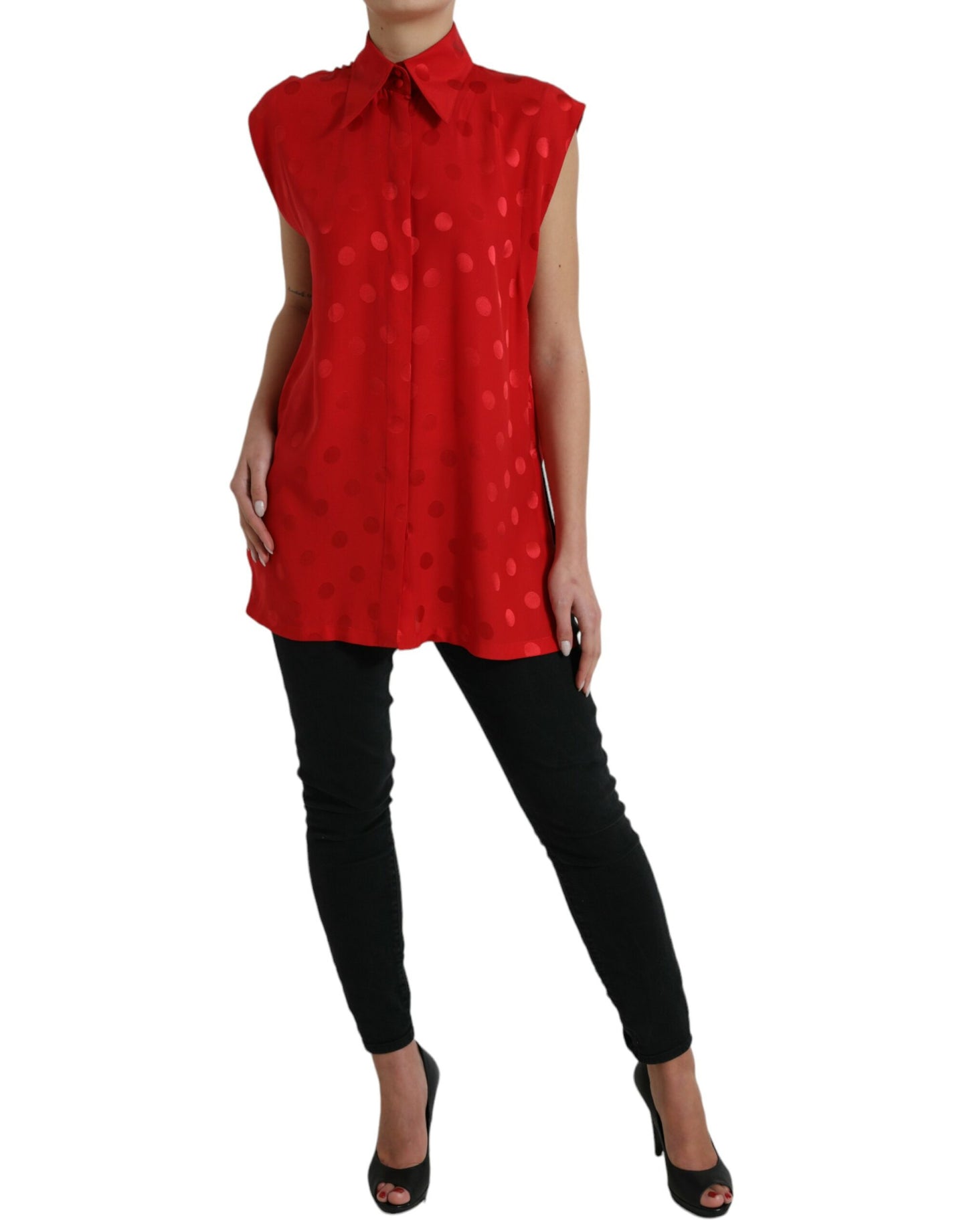  - Elegant Polka Dot Sleeveless Silk Blouse