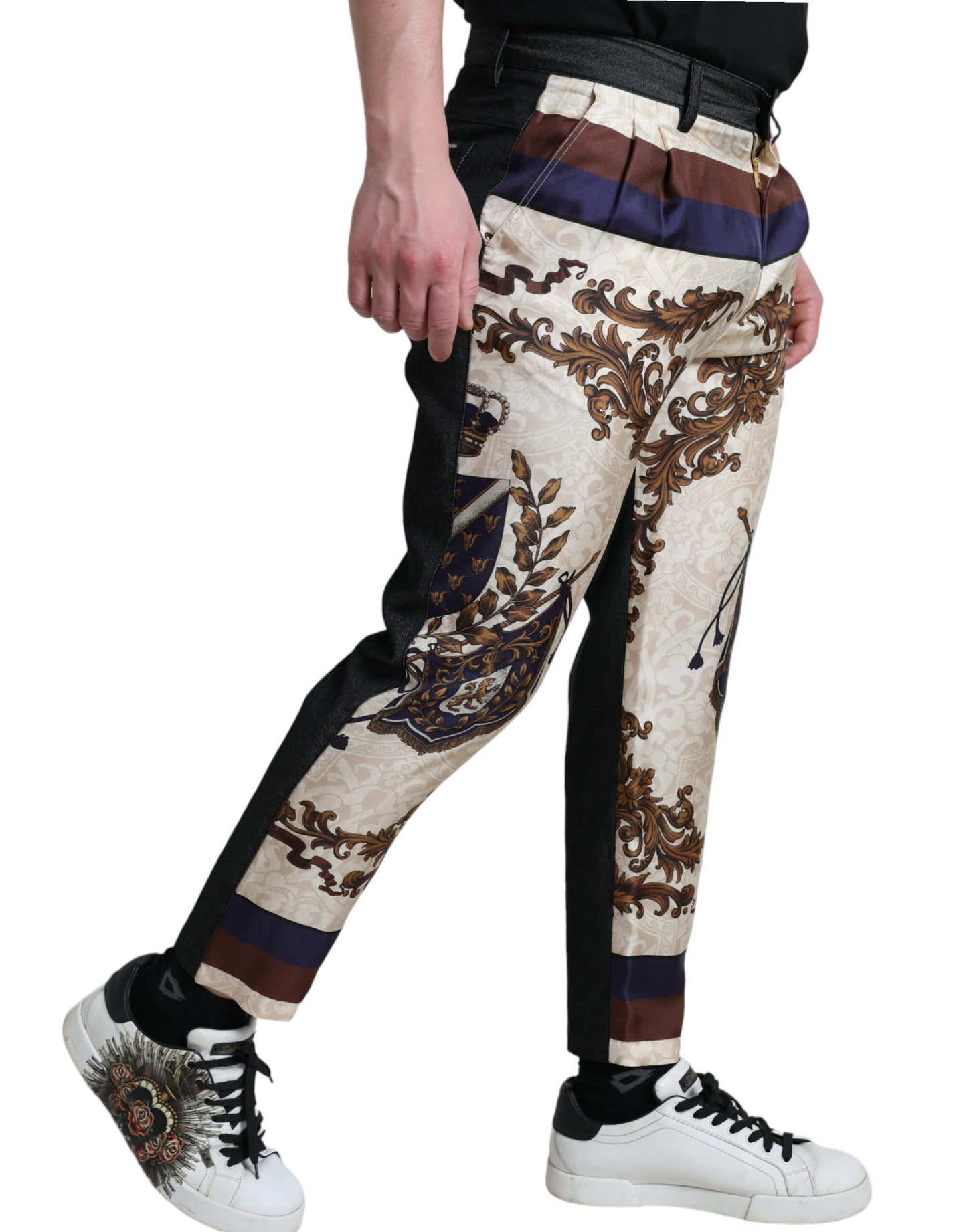  - Elegant Silk Skinny Pants with Heraldic Print