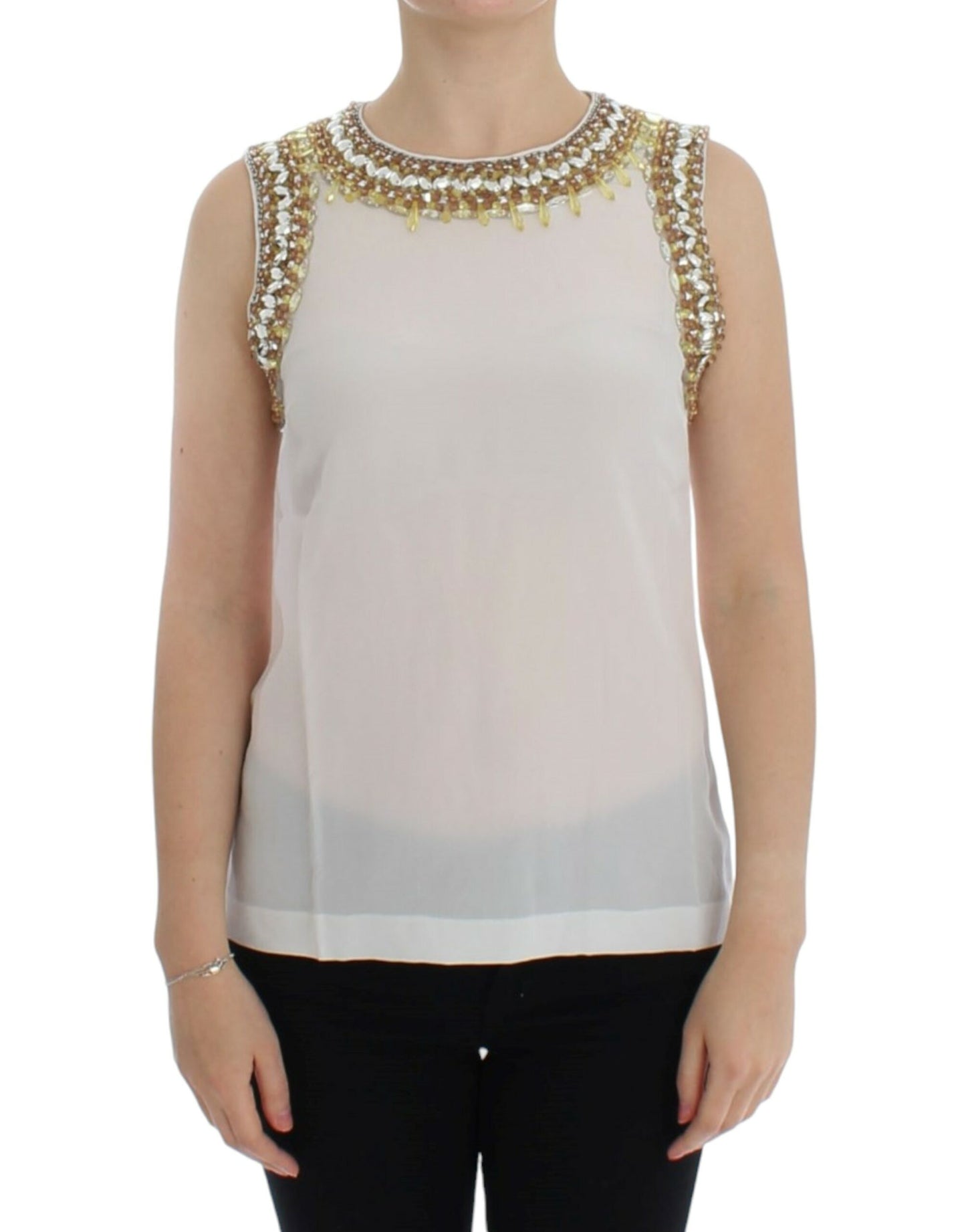  - Elegant Sleeveless Silk Blouse with Crystal Embellishment