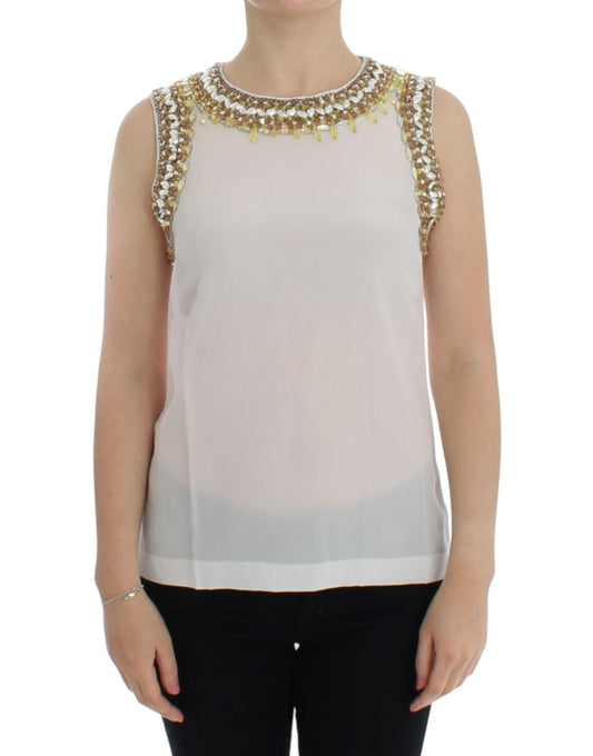  - Elegant Sleeveless Silk Blouse with Crystal Embellishment