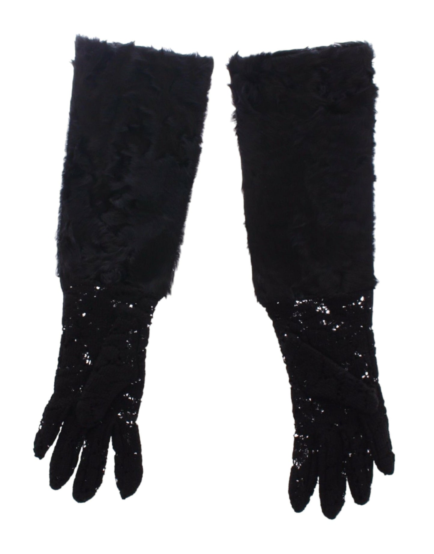  - Black Wool Lace & Lamb Fur Elbow Gloves