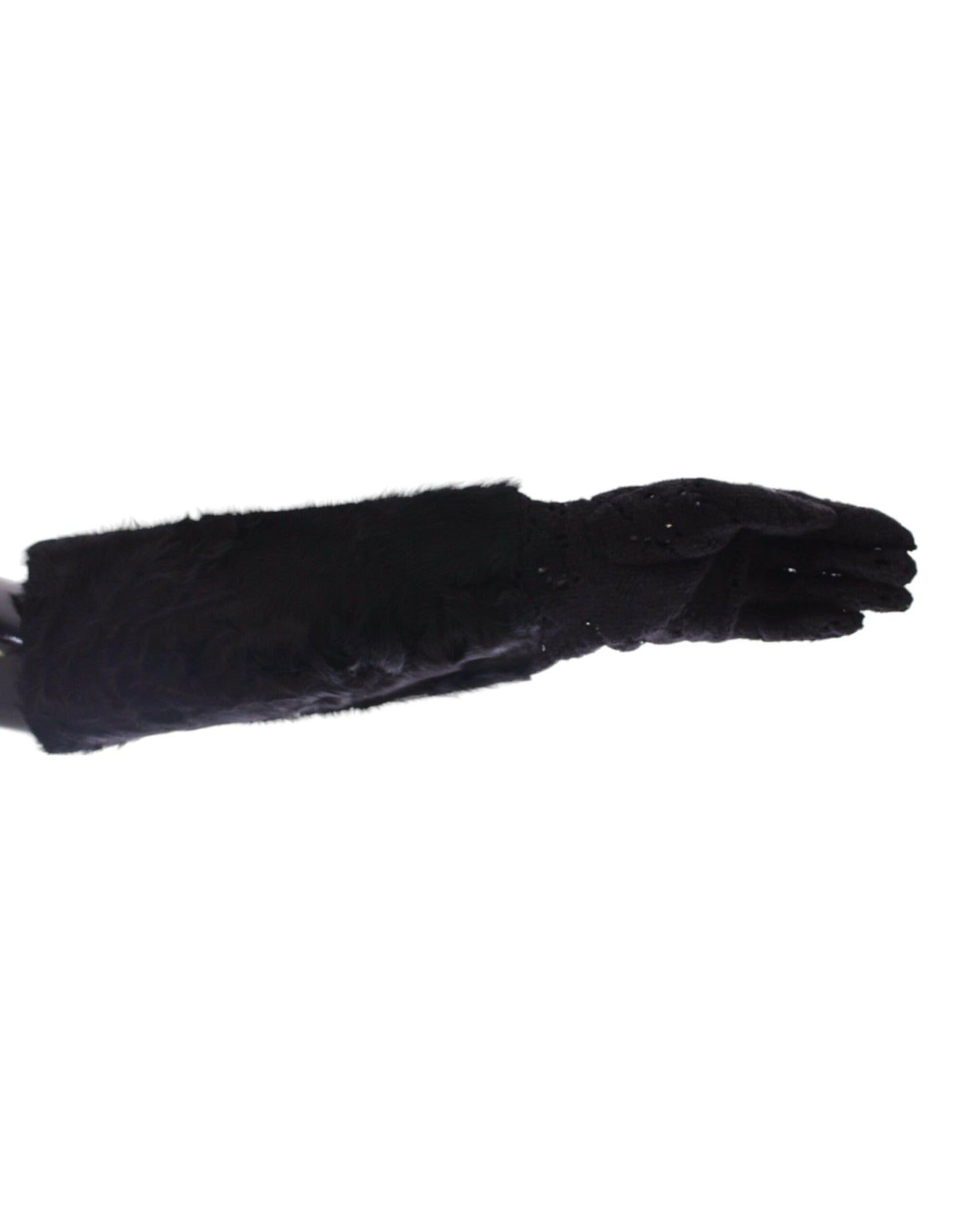  - Black Wool Lace & Lamb Fur Elbow Gloves