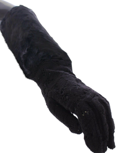  - Black Wool Lace & Lamb Fur Elbow Gloves