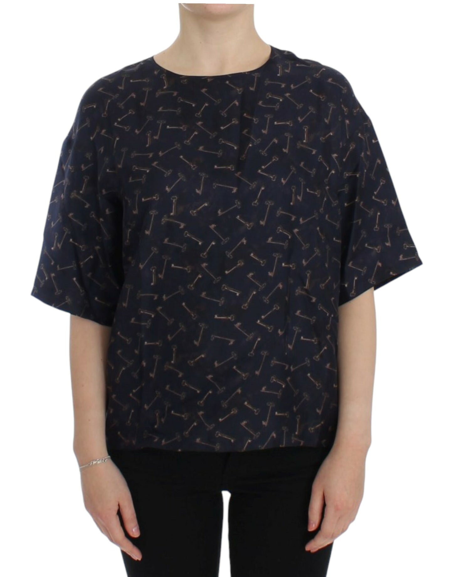  - Enchanted Sicily Silk Blouse with Gold Keys Print