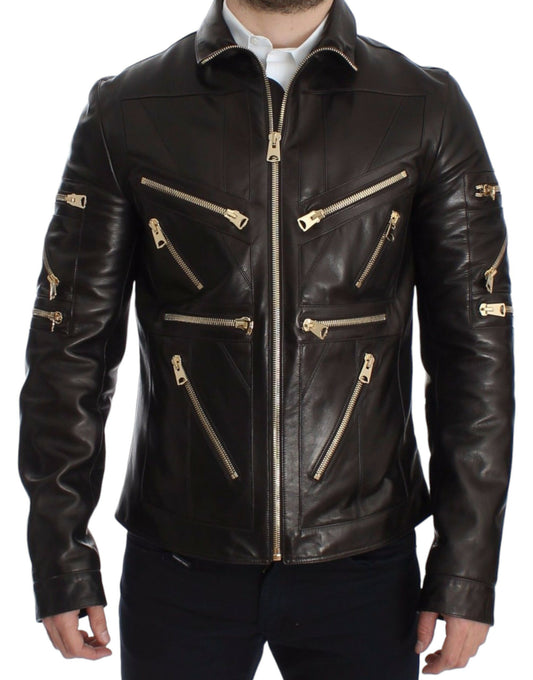 Elegant Brown Gold-Detailed Leather Jacket - The Luxe Alliance