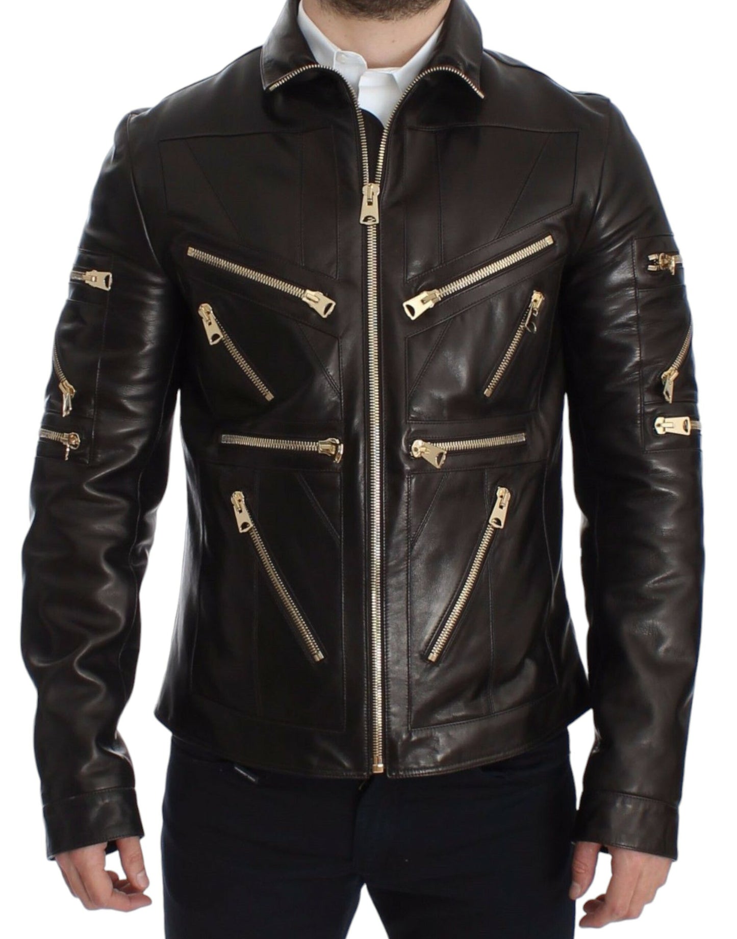 Elegant Brown Gold-Detailed Leather Jacket - The Luxe Alliance