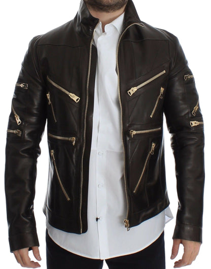 Elegant Brown Gold-Detailed Leather Jacket - The Luxe Alliance