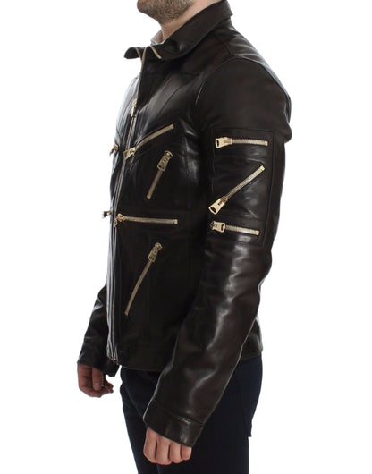 Elegant Brown Gold-Detailed Leather Jacket - The Luxe Alliance