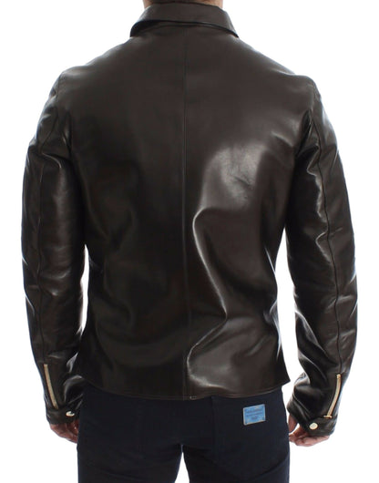 Elegant Brown Gold-Detailed Leather Jacket - The Luxe Alliance