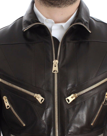 Elegant Brown Gold-Detailed Leather Jacket - The Luxe Alliance