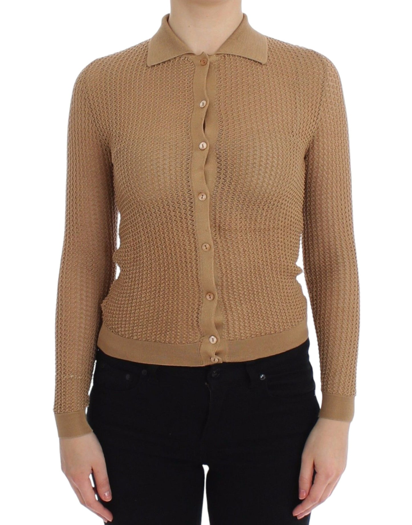  - Beige Knitted Cotton Polo Cardigan Sweater