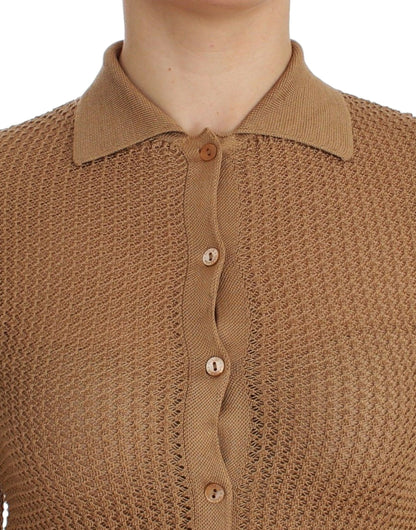  - Beige Knitted Cotton Polo Cardigan Sweater